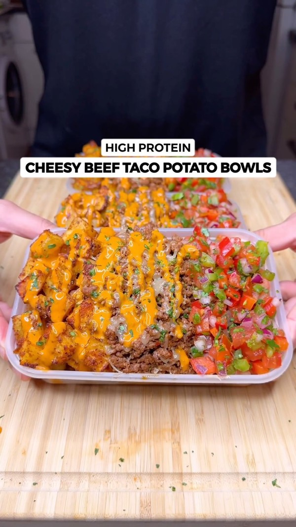 High Protein Cheesy Beef Taco Potato Bowls