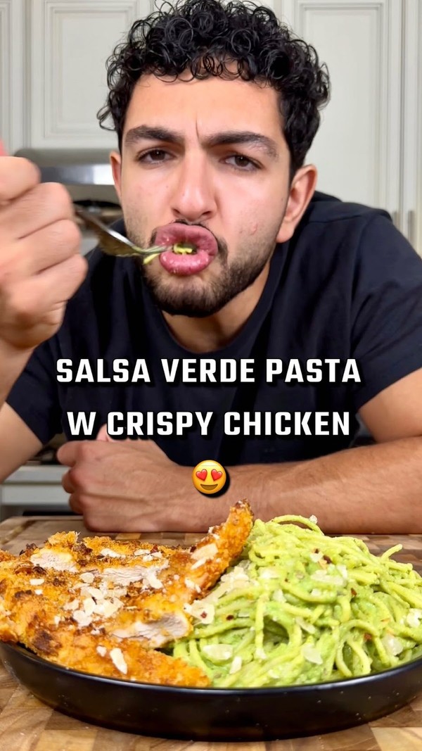 Healthier Salsa Verde Pasta with Crispy Chicken