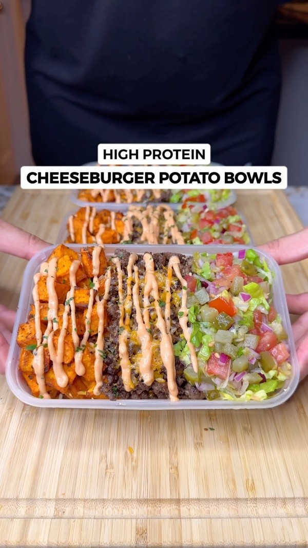 High Protein Cheese Burger Potato Bowls