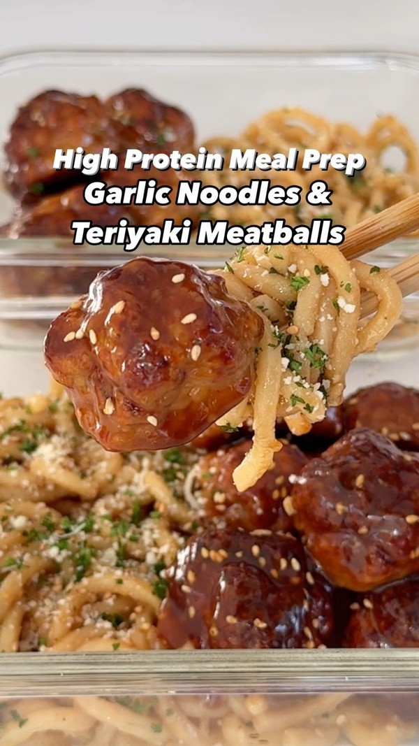Garlic Noodles & Teriyaki Meatballs