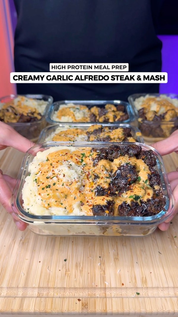 High Protein Garlic Alfredo Steak & Mashed Potatoes