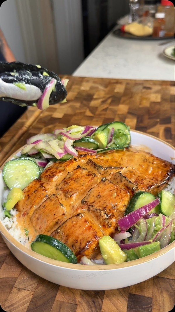 Air Fryer Bang Bang Salmon with a Cucumber Salad