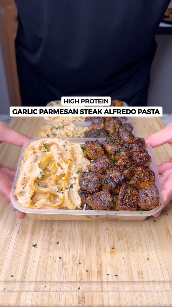 High Protein Garlic Parmesan Steak Alfredo Pasta