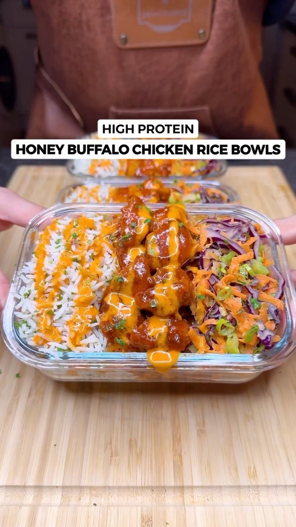 High Protein Honey Buffalo Chicken Rice Bowls