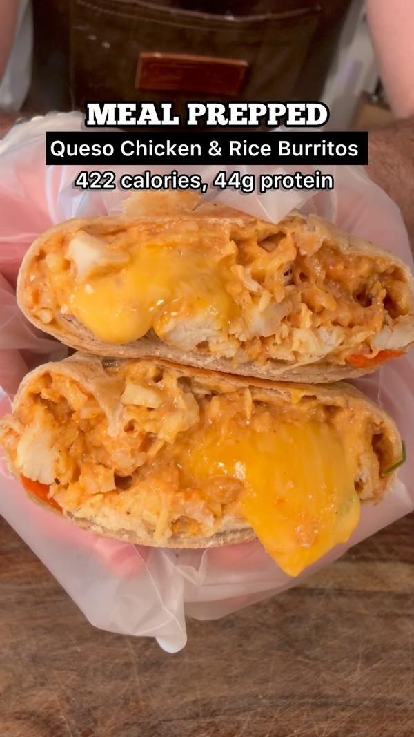 Queso chicken & rice burritos