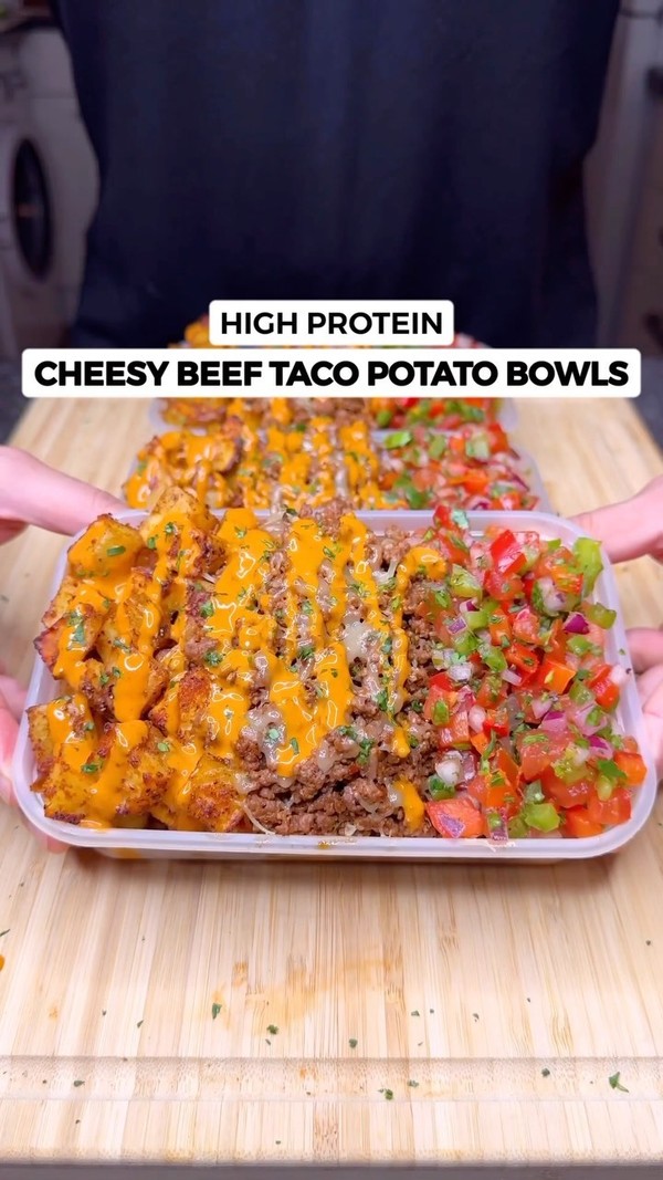 High Protein Cheesy Beef Taco Potato Bowls