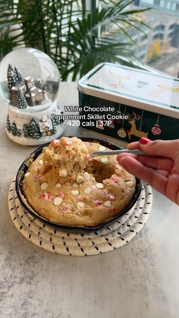 White chocolate peppermint skillet cookie