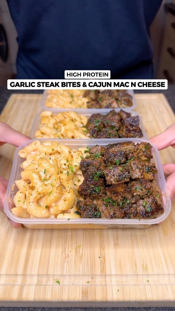 High Protein Garlic Butter Steak Bites & Cajun Mac n Cheese
