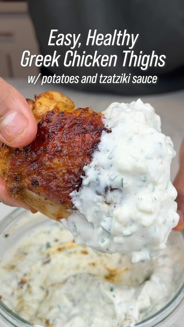 Easy, Healthy Greek Chicken Thighs and Potatoes with a Creamy Tzatziki Sauce