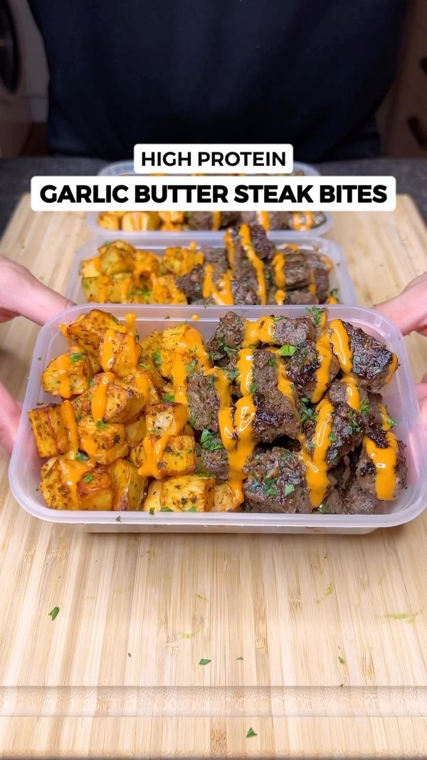High Protein Garlic Butter Steak Bites & Crispy Potatoes