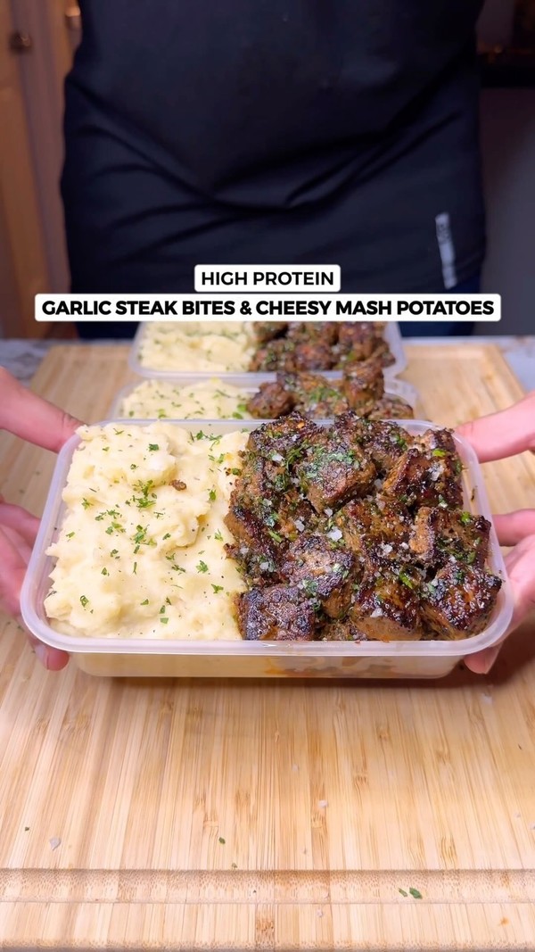 High Protein Buttery Garlic Steak Bites & Cheesy Mashed Potatoes