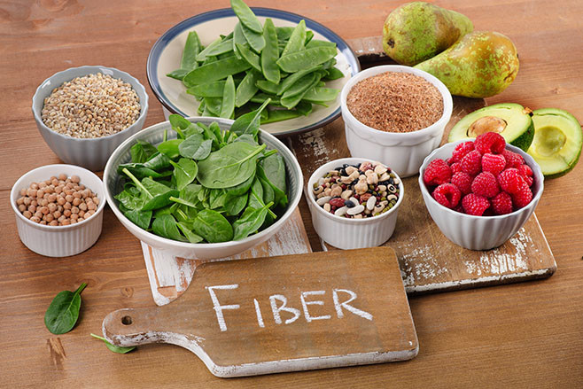 Foods rich in Fiber on a wooden table. Healthy eating. Selective focus