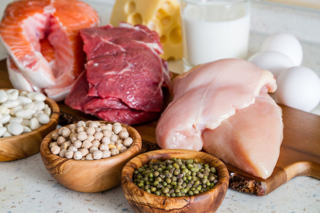 Selection of protein sources in kitchen background, closeup