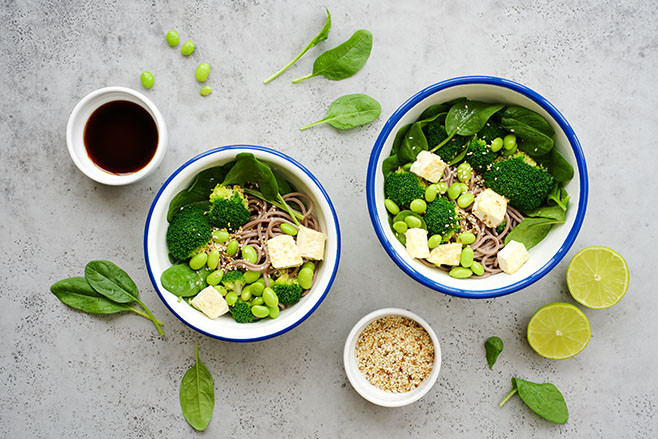 Vegan noodles with green vegetables and tofu Broccoli vegetables