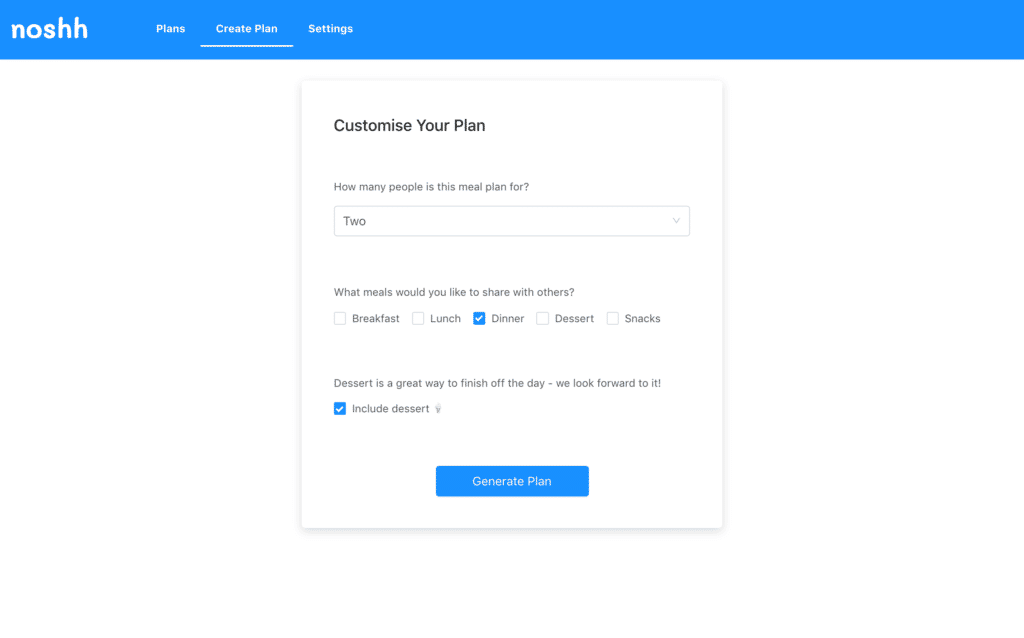 Noshh - Creating Meal Plan