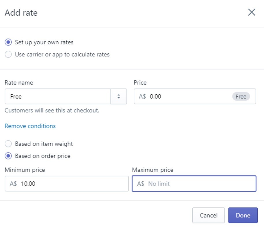 Shopify add rate field