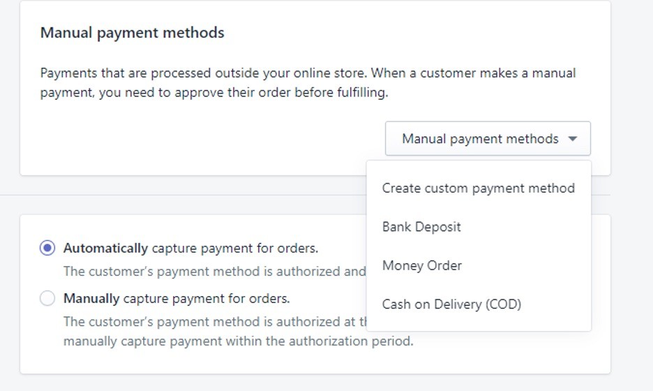 Shopify manual payment options