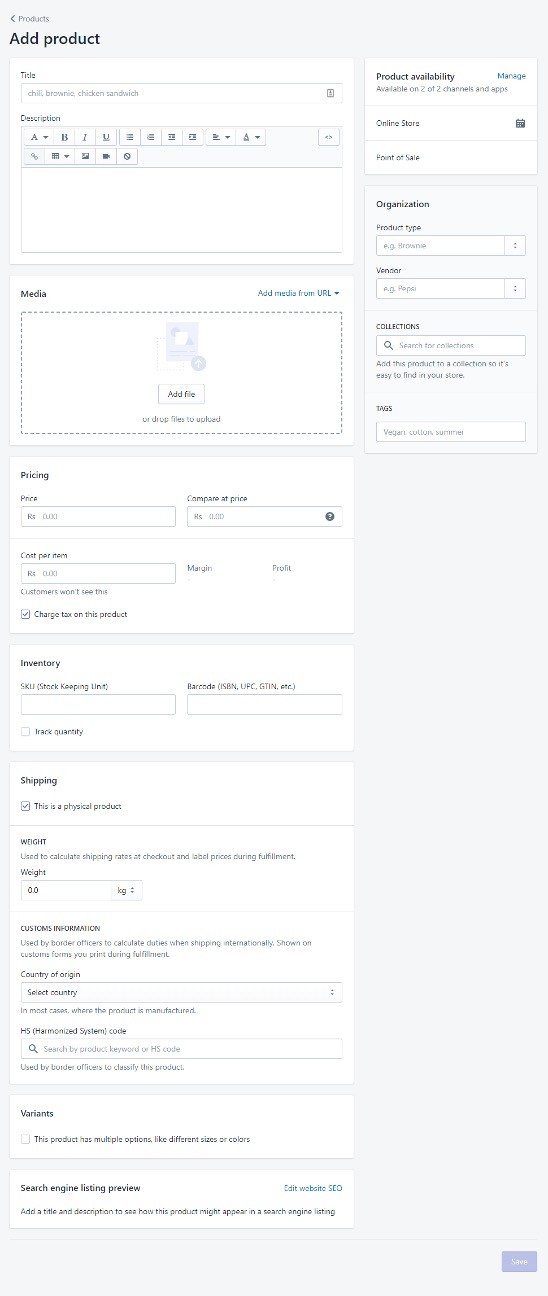 Shopify product fields