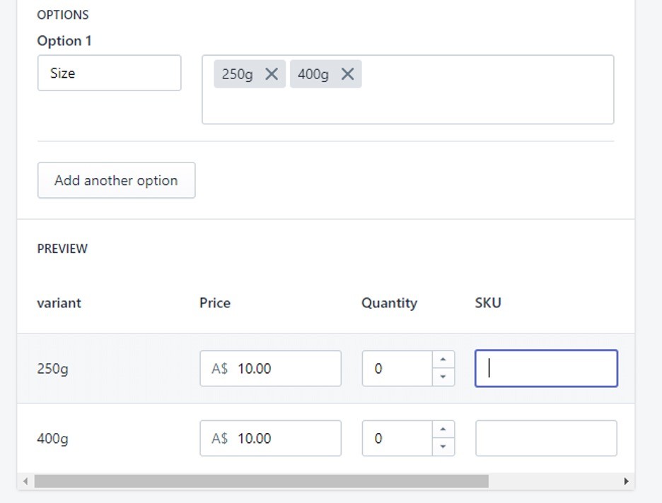 Shopify product variant options