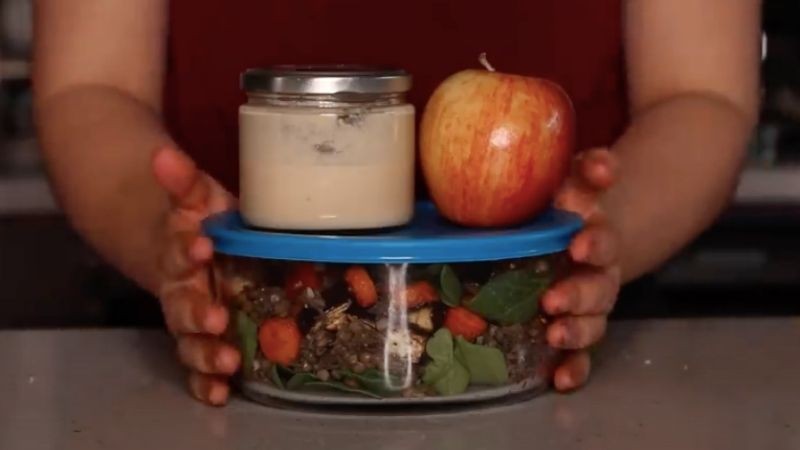 Lentil salad with dip and apple