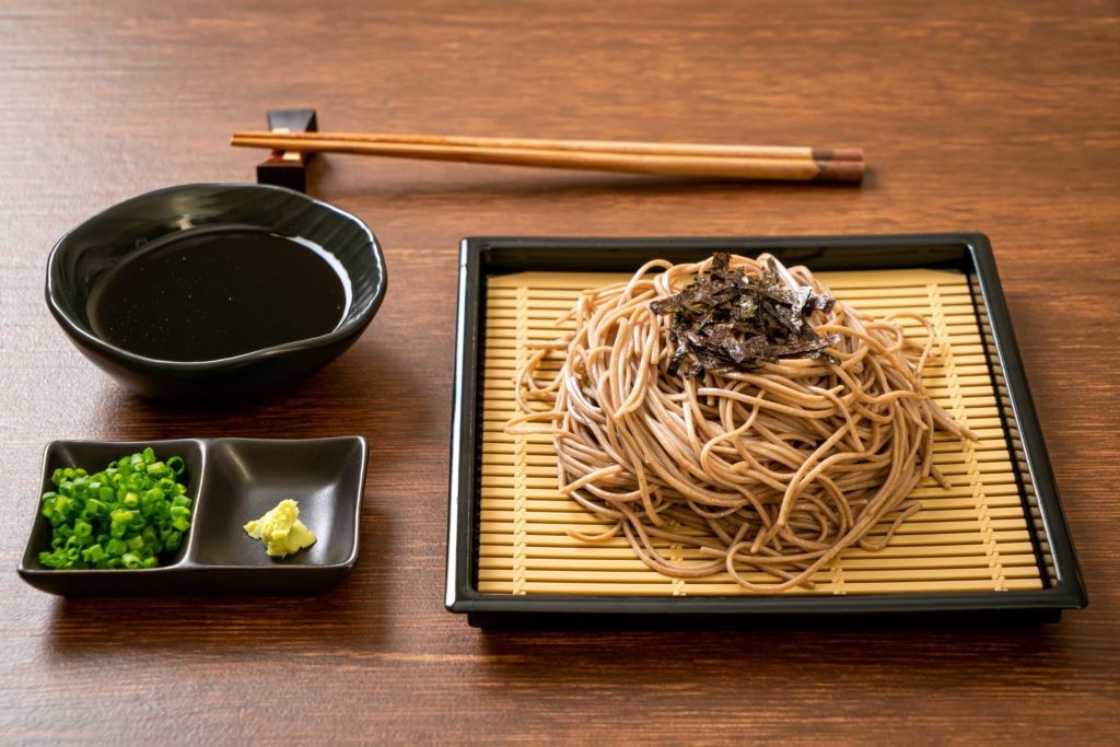 chilled soba noodles with green onions, wasabi and dipping sauce