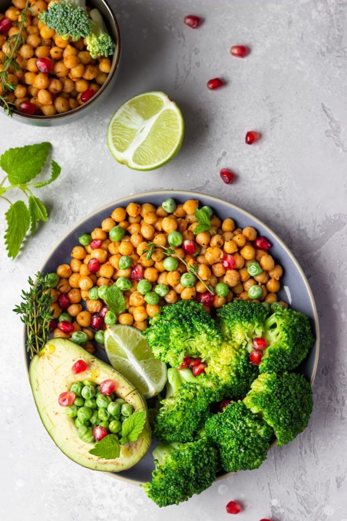 budget-friendly roasted chickpea, broccoli and sweet potato bowl