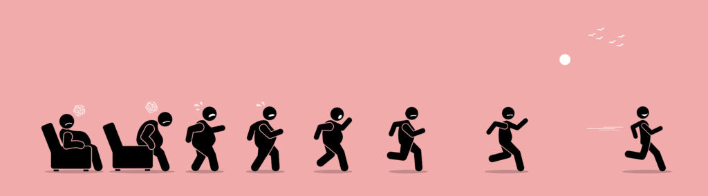 Overweight man getting up, running, and become thin transformation. Vector artwork concept shows a stage by stage of an obese man turning himself into a healthy body by running.