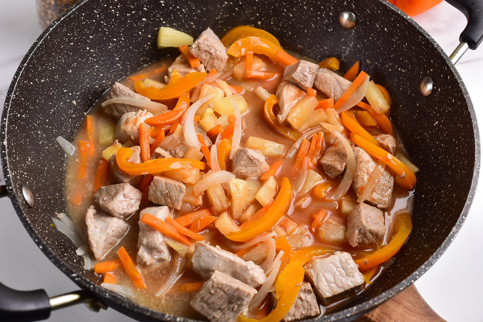 Pour the sauce into a pan with other ingredients