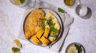 Turkey Almond Schnitzel with Mashed Potatoes & Corn