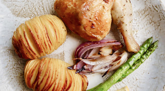 Roast Chicken with Hasselback Potatoes and Asparagus by Chelsea Goodwin