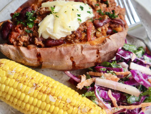 Loaded Sweet Potato with Beef Chilli by Chelsea Goodwin