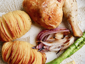 Roast Chicken with Hasselback Potatoes and Asparagus by Chelsea Goodwin