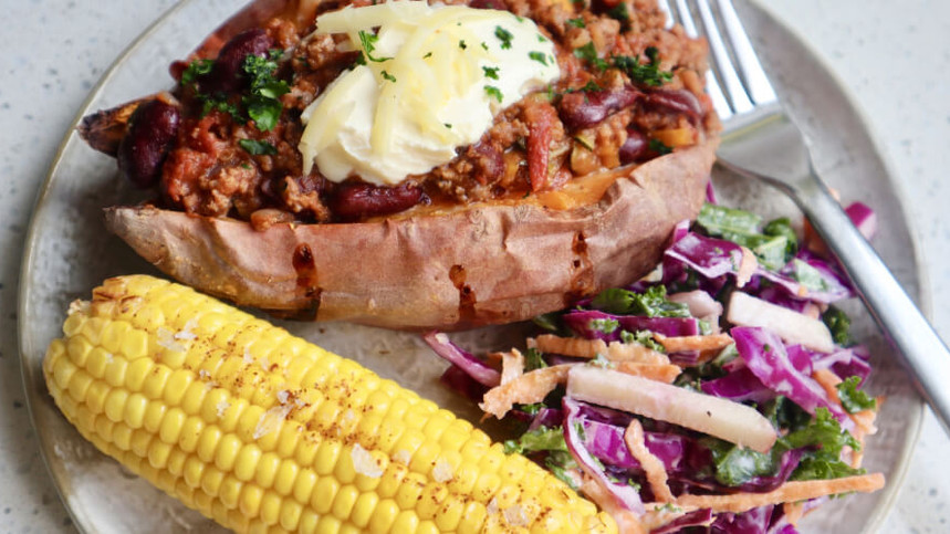 Loaded Sweet Potato with Beef Chilli by Chelsea Goodwin